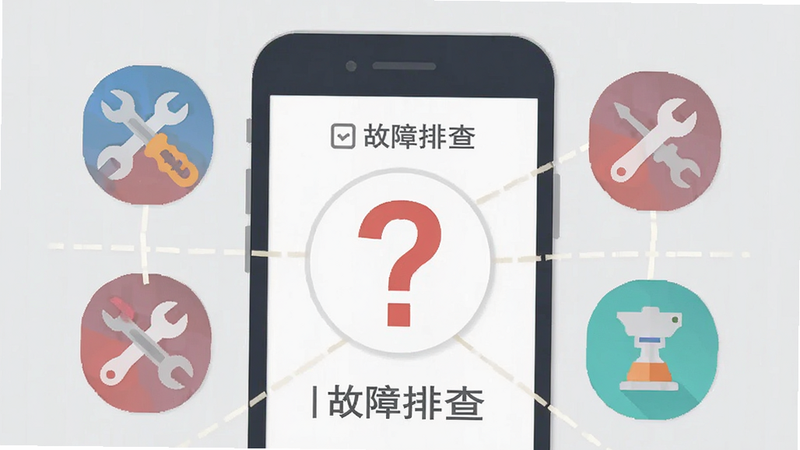 Lo查查应用错误解决示意图,画面展示一个手机界面,中间出现一个问号图标,周围有修复工具图标,象征问题解决,背景浅灰色,文字标注“故障排查”,风格扁平化,简洁明了,画质清晰