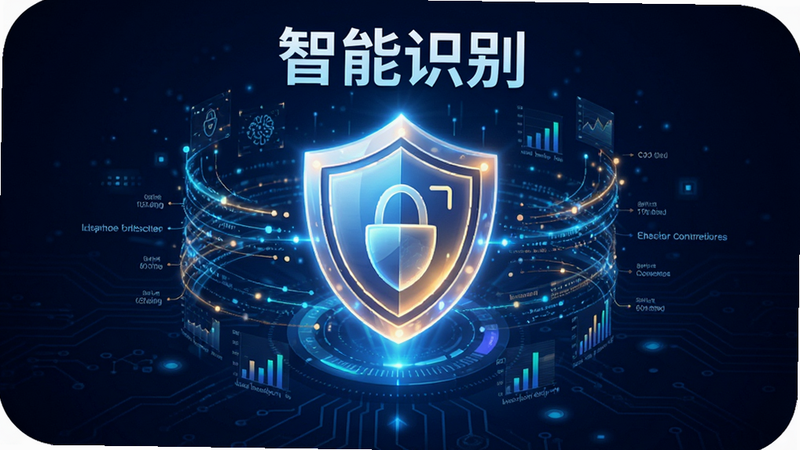 Lo查查应用核心功能展示图,画面中心为一个发光的盾牌图标,周围环绕着数据流线条,象征智能分析过程,背景为深蓝色科技风,文字标注“智能识别”,布局对称,色彩鲜明,细节丰富,画质纯净