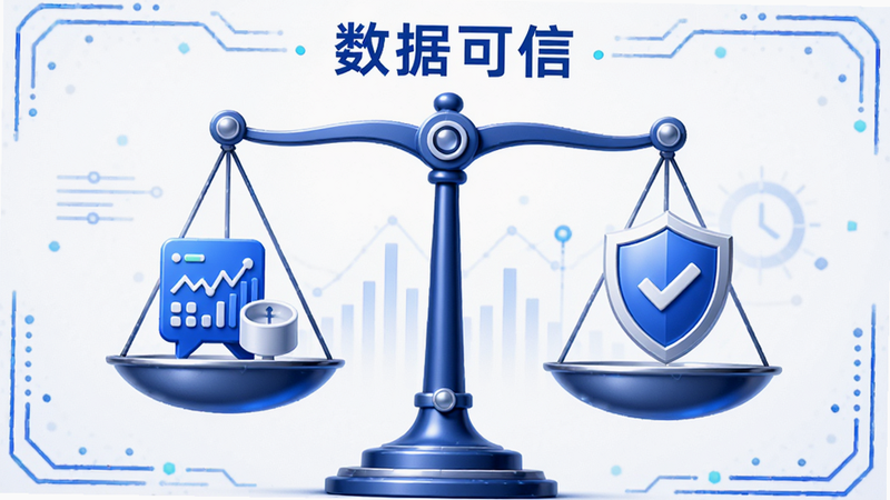 Lo查查应用数据可信度展示图,画面中心为一个天平图标,一边是数据图标,一边是盾牌图标,象征平衡与可信,背景白色,蓝色线条装饰,文字标注“数据可信”,布局均衡,细节精致,画质高清