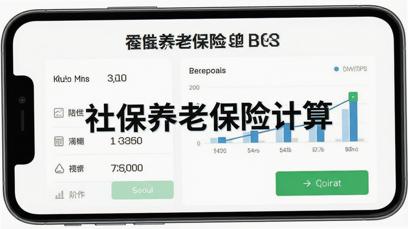 主体为一部智能手机屏幕,显示“社保养老保险计算”应用界面,布局为左侧输入栏右侧结果图表,排版简洁现代,风格为扁平化UI设计,细节包含清晰的数字字体与绿色确认按钮,画质高清,干净,无多余元素,文字“社保养老保险计算”居中醒目