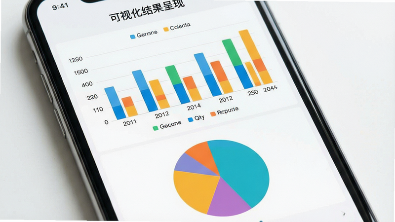主体为手机屏幕上的图表界面,布局为上方柱状图下方饼图,排版对称平衡,风格为清新白色背景配彩色数据块,细节包含图例说明与坐标轴标注,画质高清,干净,无多余元素,文字“可视化结果呈现”位于顶部