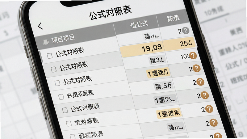 主体为手机屏幕上的表格界面,布局为左侧项目列表右侧数值公式,排版整齐严谨,风格为商务灰色调,细节包含高亮数字与问号帮助图标,画质清晰,干净,无多余元素,文字“公式对照表”清晰可见
