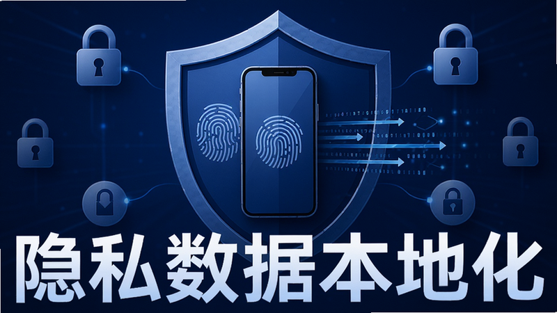 主体为盾牌图标包裹着手机模型,布局为中心聚焦周围环绕隐私锁图标,排版稳固安全,风格为深蓝色信任感色调,细节包含指纹识别图案与数据流阻断效果,画质细腻,干净,无多余元素,文字“隐私数据本地化”醒目显示