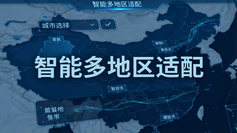 主体为地图背景上的数据面板,布局为上方城市选择器下方公式展示,排版紧凑,风格为科技感蓝色调,细节包含省份名称标签与动态数据流,画质清晰,干净,无多余元素,文字“智能多地区适配”清晰可见