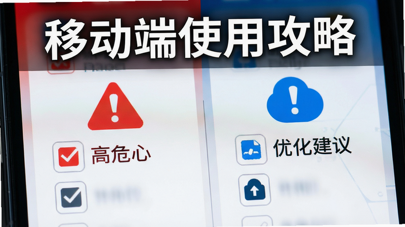 主体为手机屏幕特写,显示红色高危警告图标与蓝色优化建议图标并列,布局为左右分栏,排版清晰对比,风格为警示红与科技蓝配色,细节包含勾选框与感叹号图标,画质高清,干净,无多余元素,文字“移动端使用攻略”醒目显示