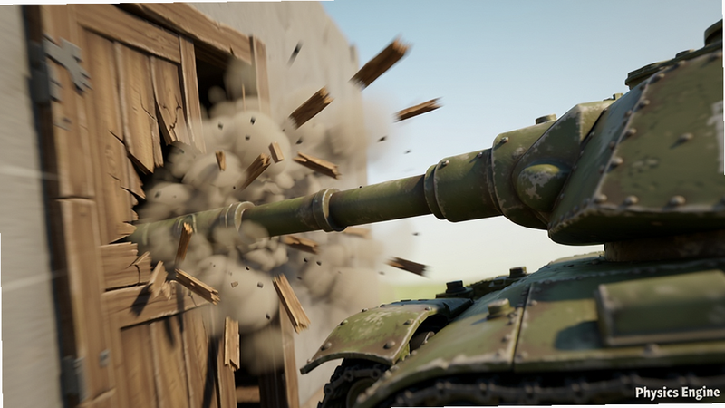 ����ΪThe Tank��Ϸ�ڵ������ƻ�˲�䣬������д��ͷ���Ű�۽�����ײ�㣬���Ϊдʵ��ͨ��ϣ�ϸ��չʾ̹������ײ��ľ�ţ�ľм�ķɣ����������̬ģ��Ч���������������ɾ����޶���Ԫ�أ����֡�Physics Engine��λ�����½ǣ�С�ֺ�