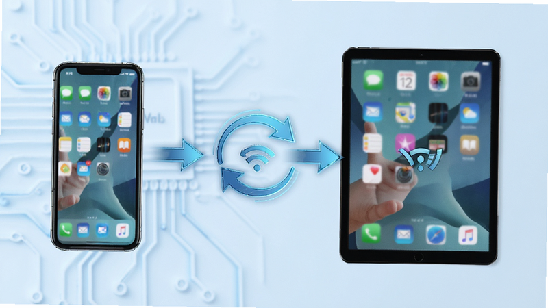 MedLoop多设备同步示意图,主体为手机与平板连接图标,布局对称,背景浅蓝,风格科技感,细节包含同步箭头,画质高清,干净无多余元素