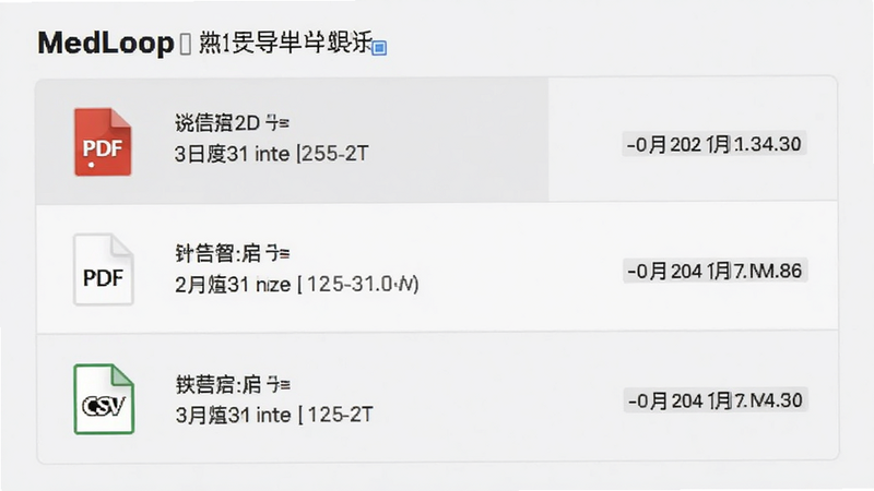 MedLoop数据导出界面,主体为文件列表,显示PDF和CSV图标,布局为垂直列表,背景为浅灰色,风格商务简洁,细节包含文件大小和时间戳,画质清晰,干净无多余元素