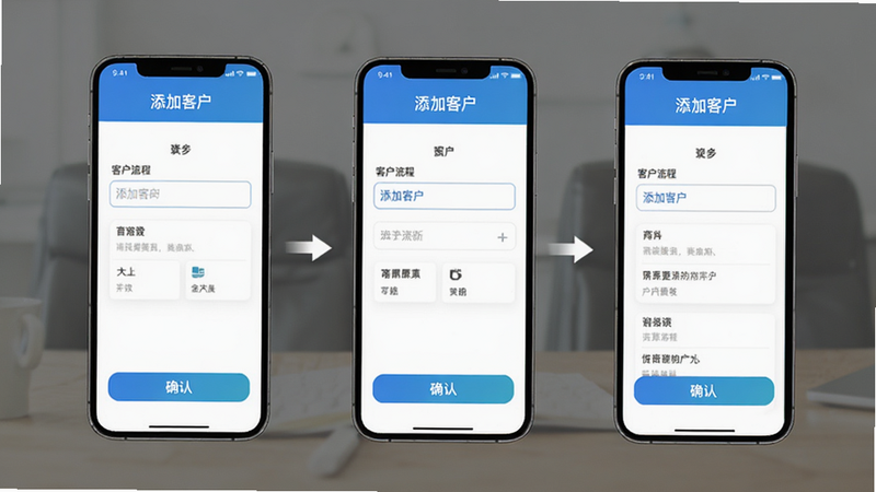 “易拓客”APP添加客户流程示意图,主体为三个步骤的手机界面拼接,布局从左至右,排版流程图式,风格简洁明快,细节展示输入框和确认按钮,画质高,干净,无多余元素,文字“添加客户”