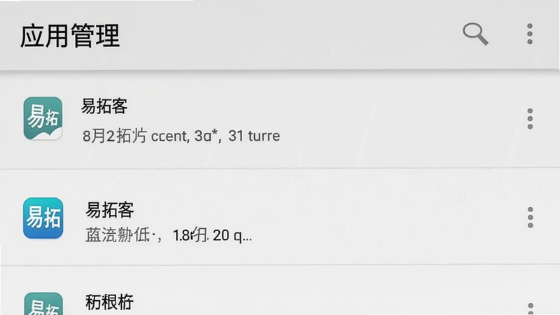 安卓手机系统设置界面截图,主体为“应用管理”页面,布局列表式,排版清晰,风格系统原生灰白调,细节高亮“易拓客”选项,画质清晰,干净,无多余元素,文字“应用管理”