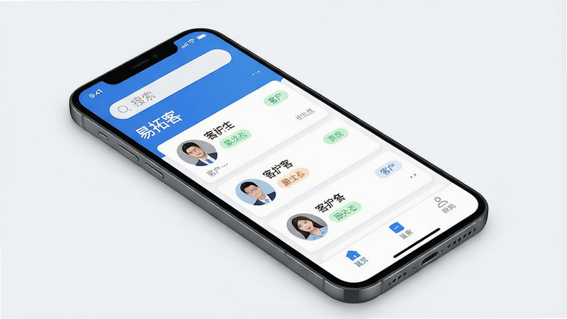 一张展示“易拓客”APP主界面的高清UI设计图,主体为手机屏幕,布局清晰,包含顶部搜索栏、中部客户列表卡片和底部导航栏,排版简洁现代,风格为扁平化商务蓝白配色,细节展示客户头像、跟进状态标签,画质8k,干净,无多余元素,文字“易拓客”清晰可见