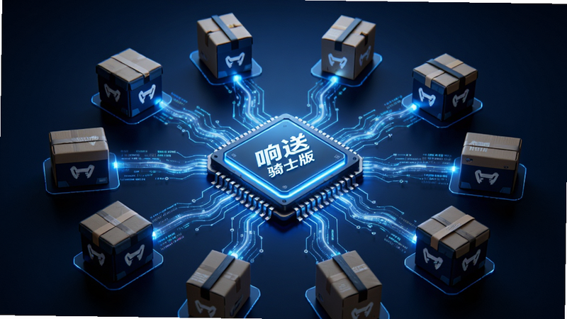 以“响送骑士版”为背景的AI生成概念图,主体是一个发光的智能芯片连接着多个外卖包裹,布局呈辐射状,排版对称,风格科技感强,细节包含数据流动的光效,画质8k,干净,无多余元素,背景为深蓝色渐变