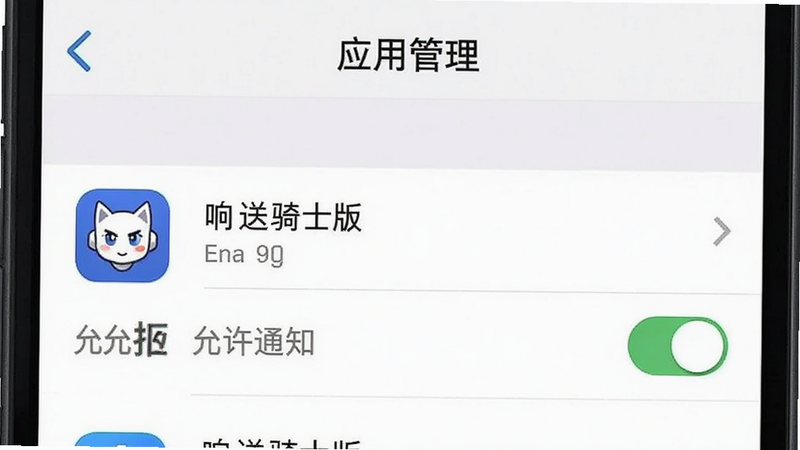 展示手机设置界面的截图风格图,主体为“应用管理”设置页面,布局列表式,排版清晰,风格扁平化,细节包含“响送骑士版”应用图标和“允许通知”开关,画质清晰,干净,无多余元素,背景为白色