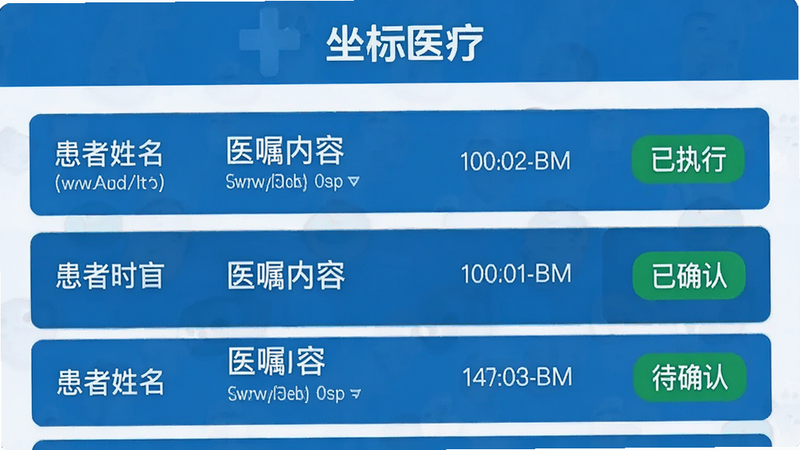 ����Ϊ����ҽ��APP��ҽ������ҳ�棬����Ϊ�б���ʽ��ÿ��ҽ����������������ҽ�����ݡ�ʱ������Ҳ���״̬��ǩ�硰��ִ�С�������ȷ�ϡ������Ϊרҵҽ�ƽ��棬��ɫ���⣬�����������Ű����룬���������������ұ�����ͻ��������ҽ�ơ���ʶ��