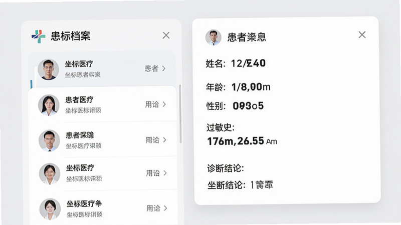 ����Ϊ����ҽ��APP�Ļ��ߵ������棬���Ϊ�����б����Ҳ�Ϊѡ�л��ߵ���ϸ��Ϣ��Ƭ���������������䡢�Ա𡢹���ʷ����Ͻ��ۡ����Ϊ�������磬����ǳ�ң���Ƭ��ɫ���ص����ݼӴ���ʾ�����ֺ��������ʾ�ϸ���޶���װ�Σ����֡�����ҽ�ơ���רҵ�ԡ�