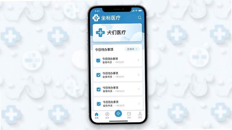 ����Ϊ����ҽ��APP�������棬���ֲ��ü��Ŀ�Ƭʽ��ƣ�������ʾҽԺLogo��ҽ���������м�����չʾ���մ��������б����ײ�Ϊ�����������Ϊ�ִ���ƽ��UI��ɫ����ҽ�����Ͱ�ɫΪ����ϸ�ڴ���ϸ΢��Ӱ���Ӳ�θУ����ʸ��壬�ɾ��޶���Ԫ�أ����������ɼ�������������ҽ�ơ�������
