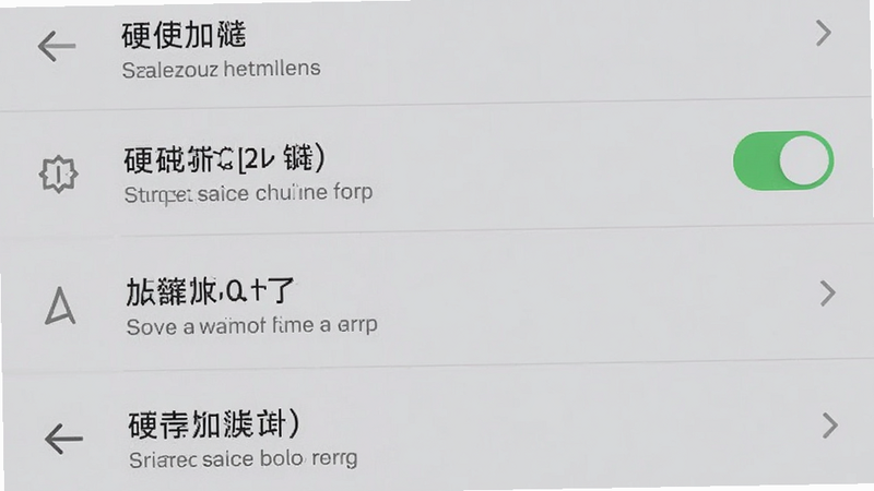主体为手机设置界面截图,布局垂直列表,排版整洁,风格系统原生UI,细节显示硬件加速开关处于开启状态,画质清晰,干净,无多余元素
