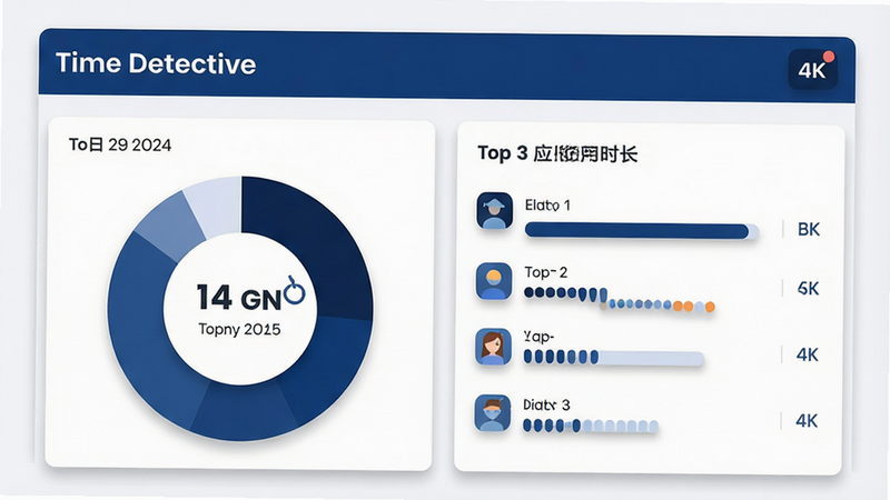 一张高清扁平化风格的软件界面展示图,主体为“Time Detective”应用的主界面,布局清晰,左侧显示今日时间饼图,右侧列出Top 3应用使用时长,排版整洁,色彩采用深蓝色与白色搭配,风格简约现代,细节处有柔和的阴影,画质4k,干净无多余元素,文字“Time Detective”清晰可见