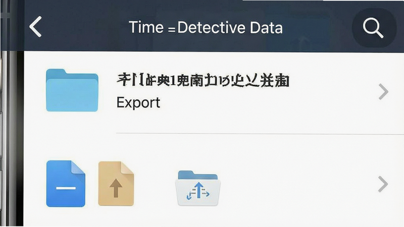 一张手机文件管理界面图,主体为导出的“Time Detective Data”文件夹,布局为列表视图,排版清晰,风格简洁,细节展示文件图标,画质高清,干净,无多余元素,文字“Export”清晰可见