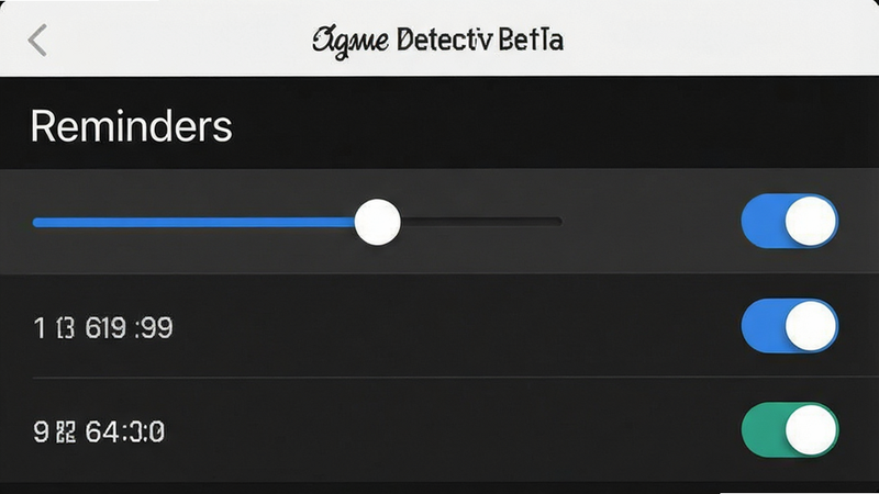一张设置界面的截图风格图,主体为“Time Detective”的提醒设置页,布局为列表形式,排版整齐,风格极简,细节展示滑块与开关,画质高清,干净,无多余元素,文字“Reminders”清晰可见