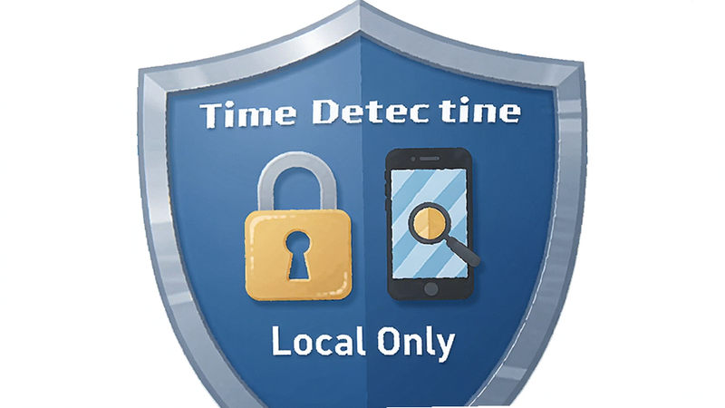 一张安全盾牌风格的图标展示图,主体为“Time Detective”的隐私保护标识,布局居中,排版简洁,风格信赖感,细节展示锁头与手机图标,画质清晰,干净,无多余元素,文字“Local Only”清晰可见