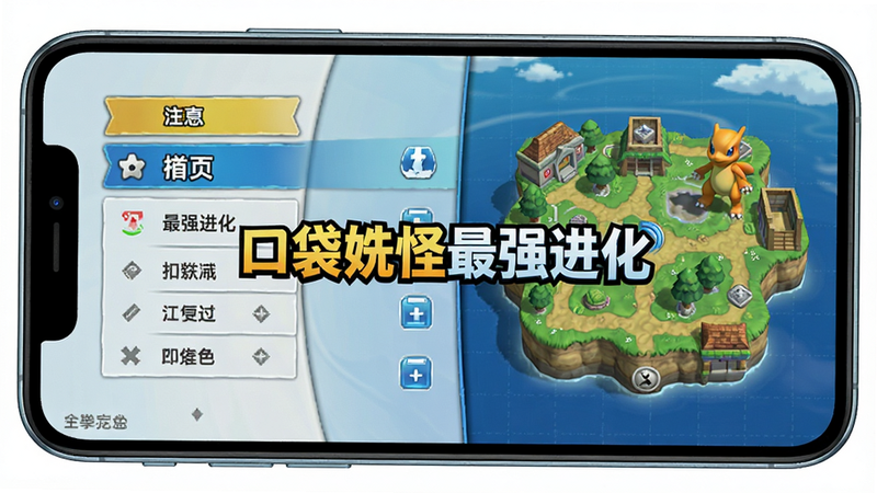 主体为手机屏幕画面,显示口袋妖怪最强进化游戏主界面,布局清晰,左侧为菜单,右侧为地图,风格为日式动漫3D渲染,细节丰富,画质高清,干净无多余元素,文字“口袋妖怪最强进化”居中显示