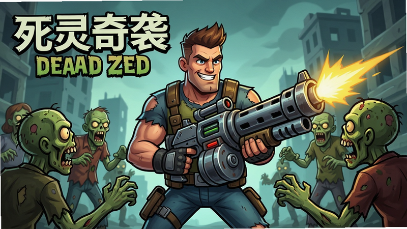 主体为一款名为“死灵奇袭 (Dead Zed)”的手机游戏宣传图,布局采用中心构图,展示主角手持重型武器对抗僵尸群,排版清晰,风格为美式卡通渲染,细节丰富,画质高清,干净,无多余元素