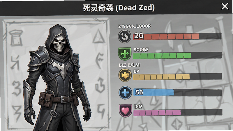 主体为“死灵奇袭 (Dead Zed)”的角色属性升级界面,布局为左侧角色立绘右侧属性条,排版简洁,风格游戏UI,细节包含等级数字与属性图标,画质清晰,干净,无多余元素