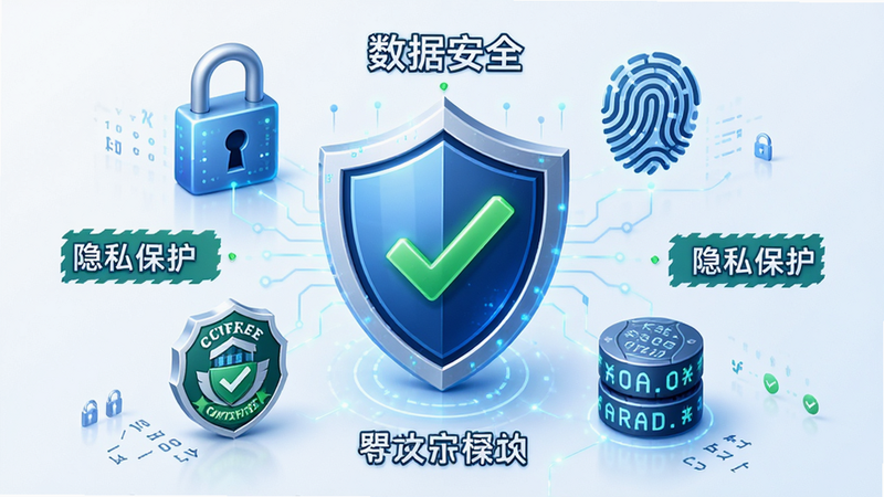 主体为数据安全与隐私保护概念图,布局为盾牌图标居中,周围环绕锁、指纹、加密字符等元素,风格为信任科技感,细节包含绿色对勾、安全认证标志,文字标注“数据安全”、“隐私保护”,画质高清,干净,无多余元素