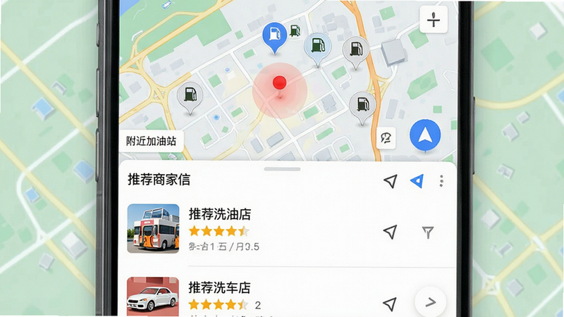 主体为地图定位与服务推荐界面,布局为上方地图区域显示当前位置及附近服务点图标,下方列表展示推荐商家信息,风格为明亮清新,细节包含定位红点、导航箭头、评分星级,文字显示“附近加油站”、“推荐洗车店”,画质高清,干净,无多余元素