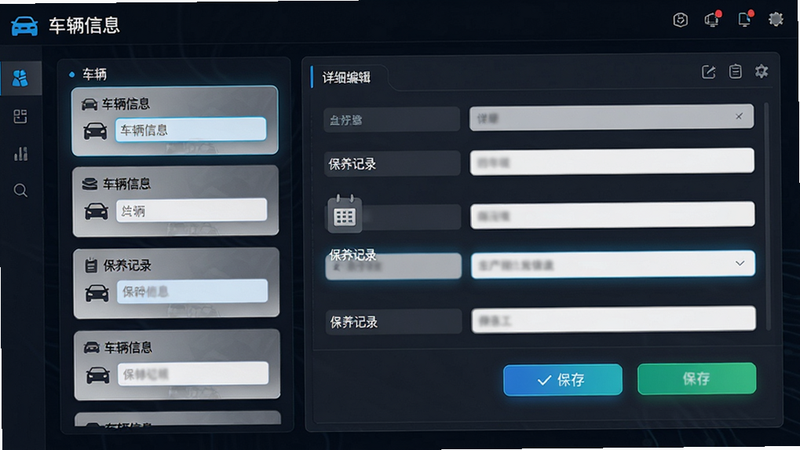 主体为车辆档案录入界面示意图,布局为左侧车辆卡片列表,右侧详细编辑表单,风格为科技感简约风,细节包含输入框高亮、保存按钮、车辆图标,文字标注“车辆信息”、“保养记录”,画质清晰,干净,无多余元素