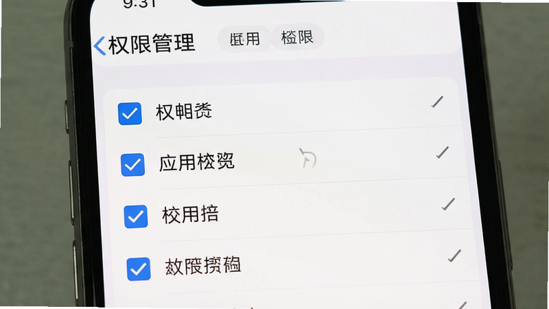 主体为手机设置界面,显示应用权限管理页面,布局清晰,排版整齐,风格系统原生,细节处有勾选框与权限列表,画质清晰,干净无多余元素,文字显示为“权限管理”