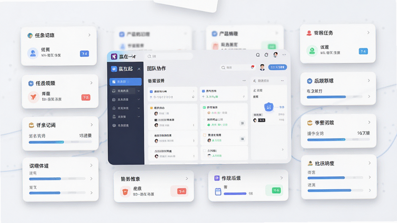 主体为“赢在一起”应用界面全景展示,布局采用现代扁平化设计风格,中心突出团队协作看板,四周环绕着简洁的任务卡片和进度条,排版整洁有序,风格清新且具科技感,细节处点缀着微妙的阴影效果以增强层次感,画质高清,干净无多余元素