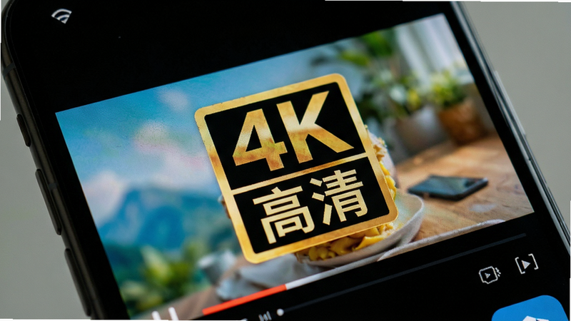 主体为手机屏幕特写,布局聚焦于视频播放区域,排版极简,风格写实,细节处显示高清纹理和色彩饱和度,画质逼真,干净,文字显示