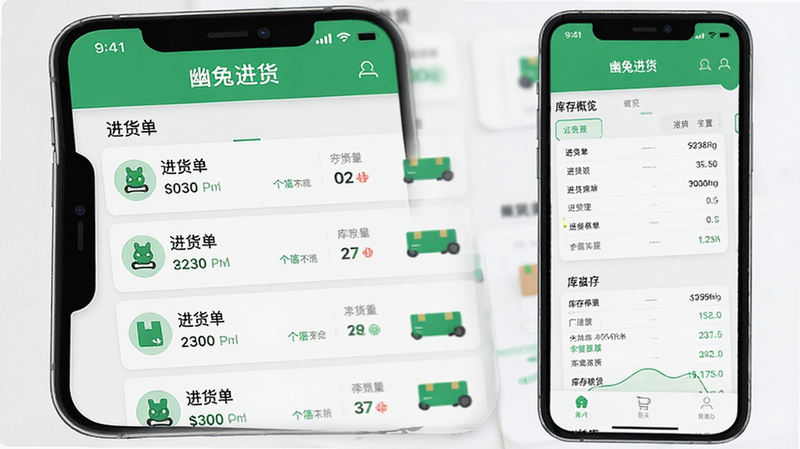 主体为幽兔进货App的手机屏幕界面,布局清晰展示进货单列表与库存概览,排版采用扁平化设计风格,风格现代简洁,细节包含绿色主色调与白色卡片背景,画质高清,干净,无多余元素,文字“幽兔进货”清晰可见