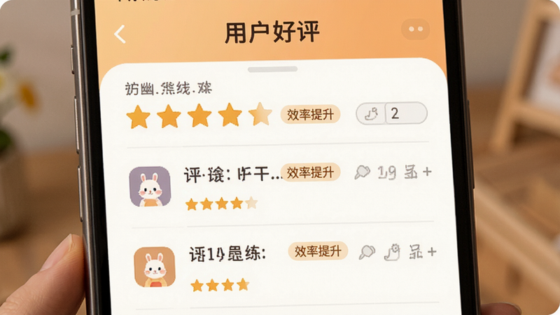 主体为幽兔进货App的用户评价界面,布局为星级评分与评论列表,排版清晰,风格温馨,细节显示五星好评与“效率提升”标签,画质高清,干净,无多余元素,文字“用户好评”