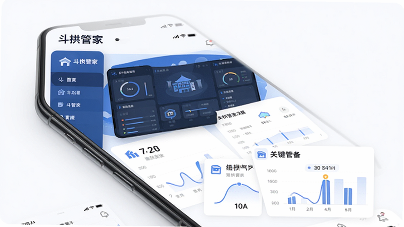主体为斗拱管家APP手机端界面预览图,布局清晰展示首页仪表盘与关键数据卡片,排版整洁现代,风格为扁平化商务蓝白色调,细节包含清晰的图标与数据图表,画质高清,干净无多余元素,文字标注