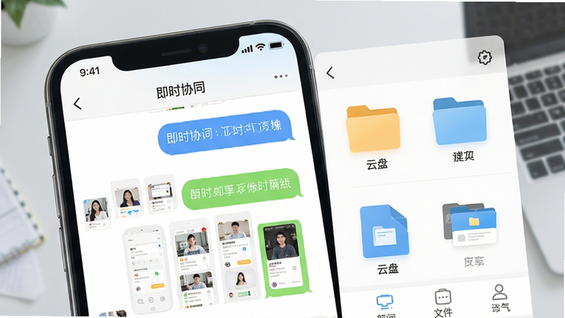 主体为移动端即时通讯与文件共享界面,布局展示聊天窗口与云盘文件夹图标,排版左右分栏结构,风格为清新办公风,细节突出消息气泡与文件预览缩略图,画质高保真,无杂乱元素,文字标注