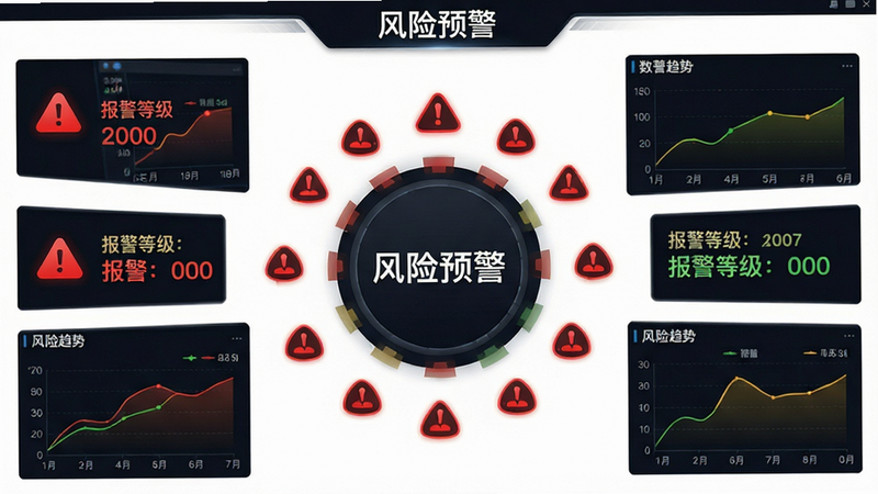 主体为风险预警仪表盘界面,布局包含多个红色警示图标与数据趋势图,排版中心辐射式结构,风格严肃专业,细节展示报警等级分级标识,画质锐利,背景纯净,文字标注