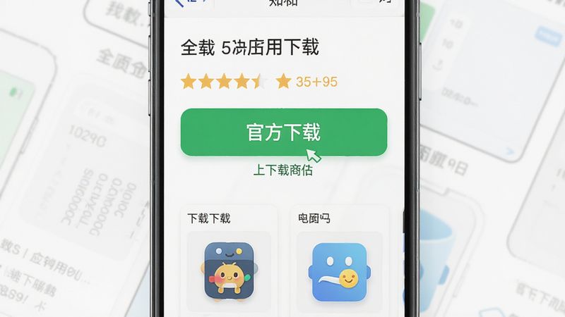 主体为应用商店下载界面示意图,布局展示下载按钮与评分星级,排版简洁明了,风格为电商购物风,细节突出绿色下载按钮,画质高清,无广告干扰,文字标注