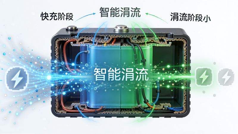 主体为电池剖面图与电流粒子特效,布局为中心对称,左侧显示快充阶段的大电流,右侧显示涓流阶段的小电流,风格为科技感插画,细节包括蓝色与绿色光效对比,画质精细,干净,无多余元素,文字内容为“智能涓流”