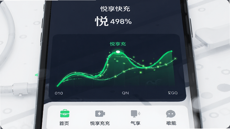 主体为手机屏幕显示悦享快充APP界面,布局清晰,顶部显示当前电量百分比,中部为动态充电曲线图,底部为功能菜单,风格为扁平化科技风,细节包括绿色能量流动特效,画质高清,干净无多余元素,文字内容为“悦享快充”