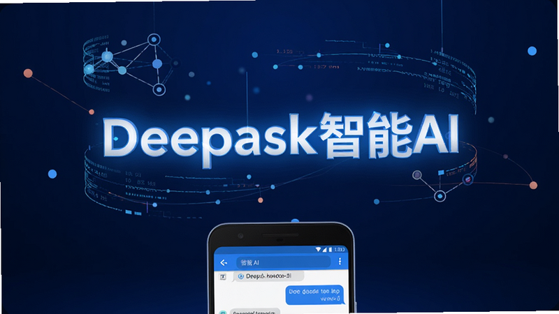 ����һ��Deepask����AI��׿Ӧ�õ���������������Ϊ����ɫ�Ƽ��б��������������ŷ���ġ�Deepask����AI������Logo����Χ�����ų����������ڵ���������������ײ�չʾһ����׿�ֻ���Ļ��ʾ�ŶԻ����棬�������ִ������򡢸��壬�޶���Ԫ��