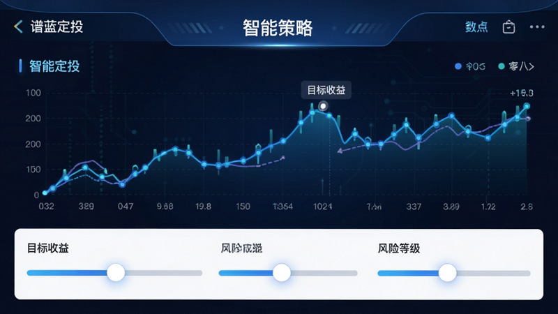 展示“谱蓝定投”APP内的“智能策略”页面,主体为折线图与滑块控件,布局对称,排版整齐,风格科技感,细节呈现数据节点,画质高清,干净背景,文字包含“智能定投”、“目标收益”、“风险等级”