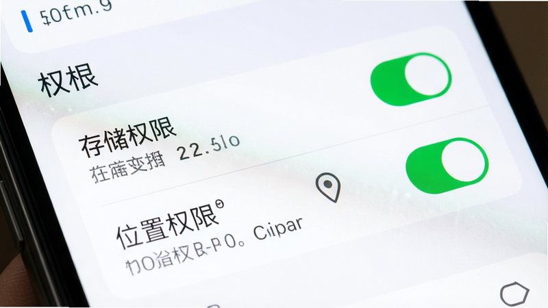 主体为手机设置界面特写,布局聚焦于权限管理列表,排版清晰,风格系统原生UI,细节高亮显示“存储权限”与“位置权限”已开启状态,画质清晰,干净,无多余元素