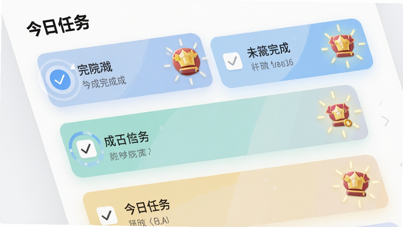 主体:应用内的任务列表界面,显示几个已完成和未完成的任务卡片,卡片上有勾选框和奖励图标,布局:列表式排列,卡片错落有致,排版:整洁有序,风格:扁平化设计,柔和色调,细节:勾选框有动态反馈效果,奖励图标发光,画质:清晰,无杂乱背景,文字:今日任务