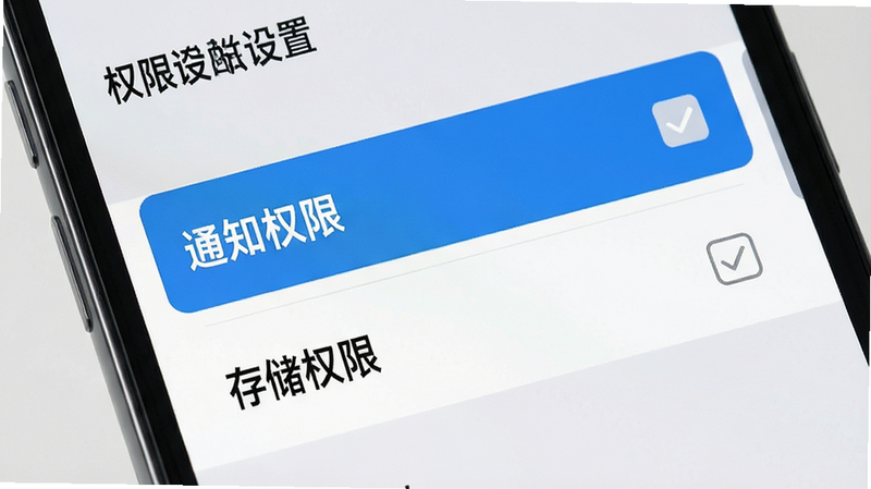 主体:手机屏幕显示应用设置界面,高亮显示“通知权限”和“存储权限”选项,布局:垂直列表,重点选项加粗高亮,排版:简洁清晰,风格:现代UI设计,扁平化,细节:勾选框已选中,背景为浅灰色,画质:高清,无干扰元素,文字:权限设置
