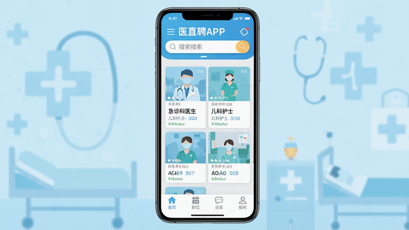 ҽֱƸAPP����ȫ��ͼ������Ϊ�ֻ���Ļ��ʾ��ҳ�������������������м�չʾ�������ҽ�����������ƻ�ʿ����ְλ��Ƭ���ײ�������������ҳ��ְλ����Ϣ���ҵ��ĸ�ͼ�꣬����Ϊǳ��ɫҽ������ɫ����ƽ����Ʒ���������������ʸ��壬�޶���װ��Ԫ��