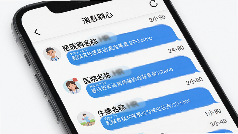 ҽֱƸAPP��Ϣ���Ľ��棬��ʾ��HR�ĶԻ��б���ÿ����Ϣ����ҽԺ���ơ����һ����Ϣ���ݡ�ʱ��������������ˣ���ɫ��������ɫ�Ի����ݣ�����������ͼ�꣬������Ⱦ