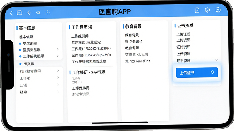 ҽֱƸAPP�����༭���棬��ʾ������Ϣ����������������������֤�������ĸ���飬֤���������������ʾ���ϴ�֤�顱��ť�����沼����������ɫ��������ɫ��ɫ�������ֹ�����������Ԫ�أ�����ϸ��